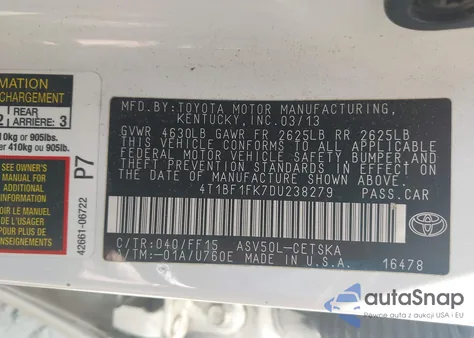 2013 Toyota Camry Se z USA, uszkodzony, nr VIN 4T1BF1FK7DU238279